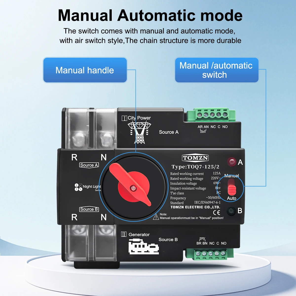 TOMZN Din Rail ATS 220V 230V Doble potencia Transferencia automática Selector eléctrico ininterrumpido 2P 63A 100A 125A