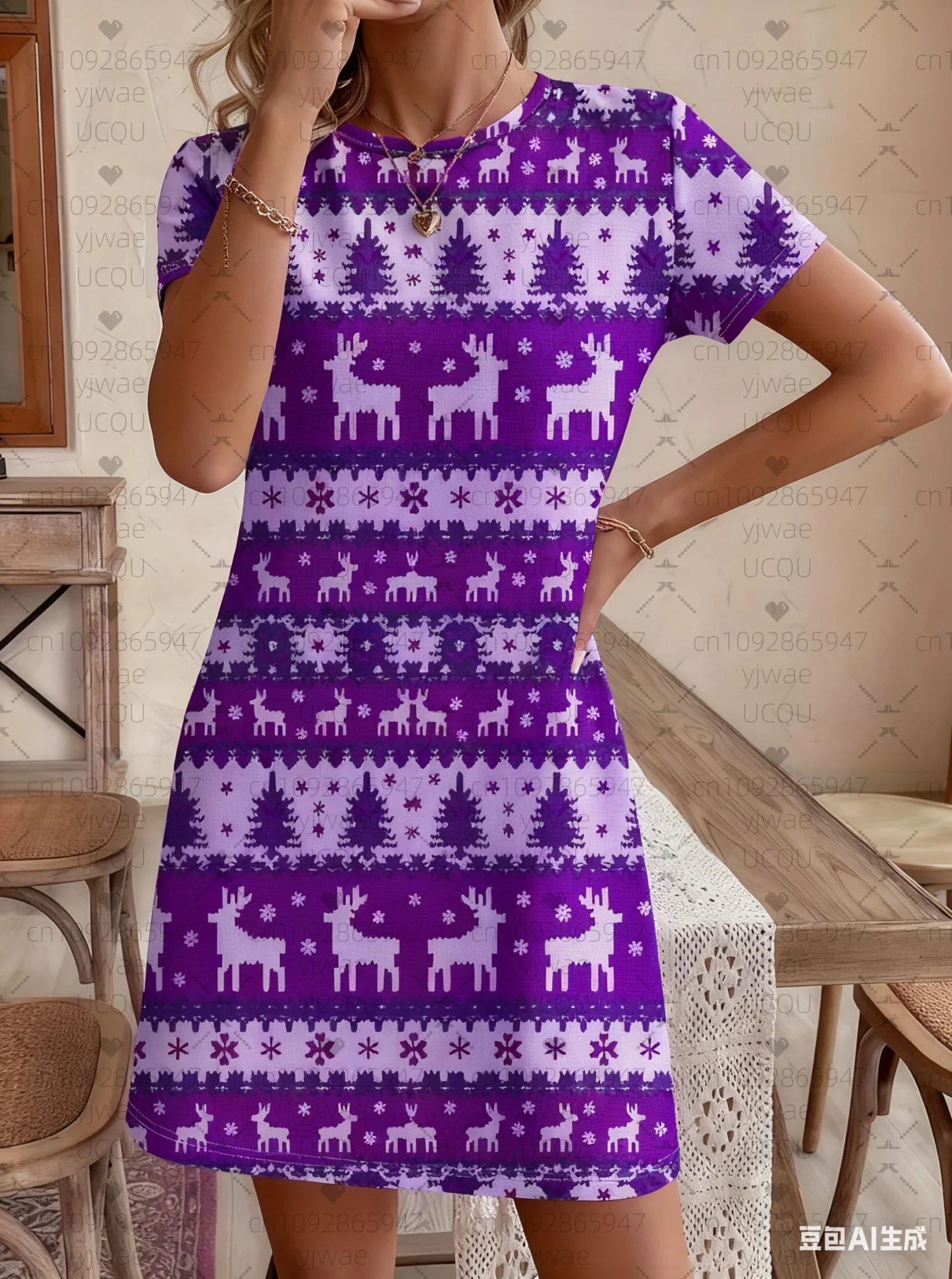 2025 الصيف المرأة تي شيرت فستان عيد الميلاد الرنة ندفة الثلج priNT س الرقبة سيدة قصيرة الأكمام البلوز فساتين النساء الملابس #3