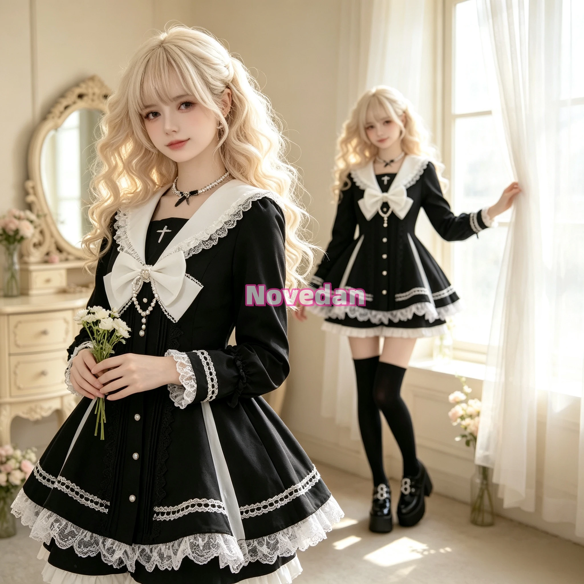 Harajuku Süßes Schleifenkleid Jirai Kei Slim Fit Y2K Kawaii Gothic Lolita Cosplay Kostüm Damen Herbst Langarm Vestidos De Mujer