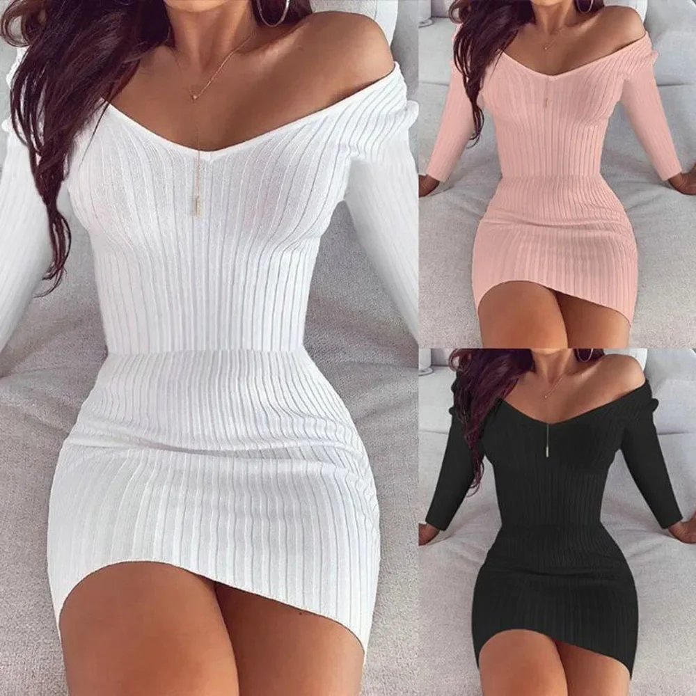 

New Fashion Women Sexy V Neck Long Sleeve Rib Knitted Bodycon Dress Summer Spring Women Solid Slim Sheath Party Mini Vestidos