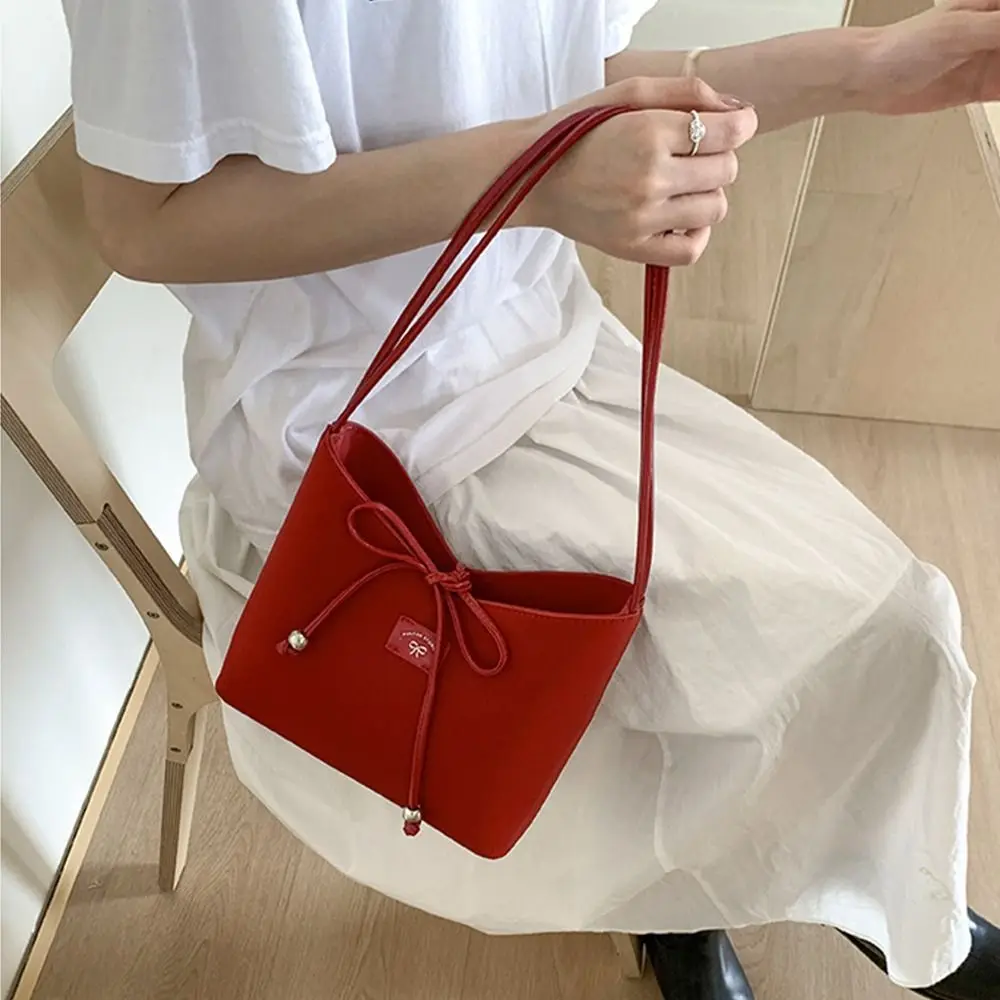 

Simple Korean Bow Bucket Bag Leisure Pu Leather Bowknot Armpit Bag Sweet Y2k Shoulder Bag Spring Summer