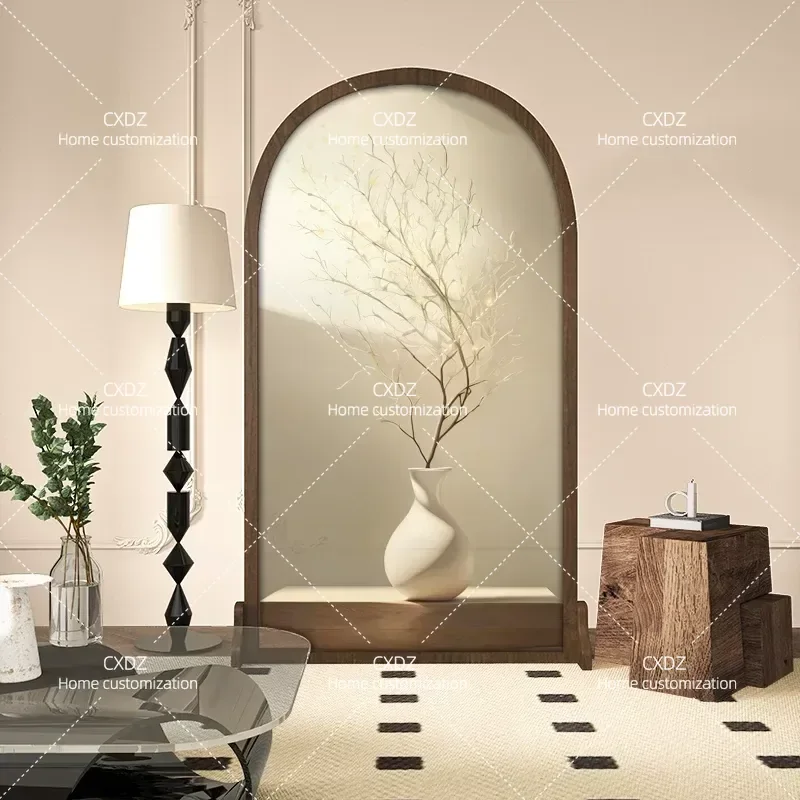 Cream Solid Wood Movable Screen Partition for Living Room Entrance Bedroom Art Seat Divider with Yellow Flower Pattern