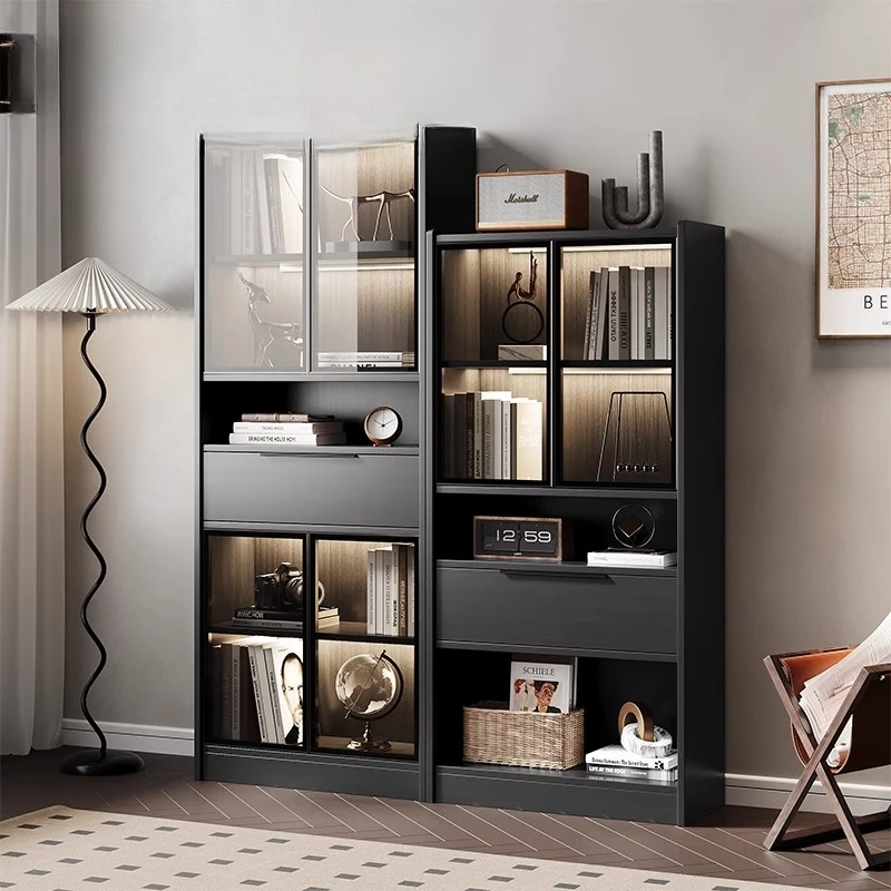 

Household combined cabinet Stairwell storage cabinet Simple floor solid wood bookcase with glass door Locker integrated light