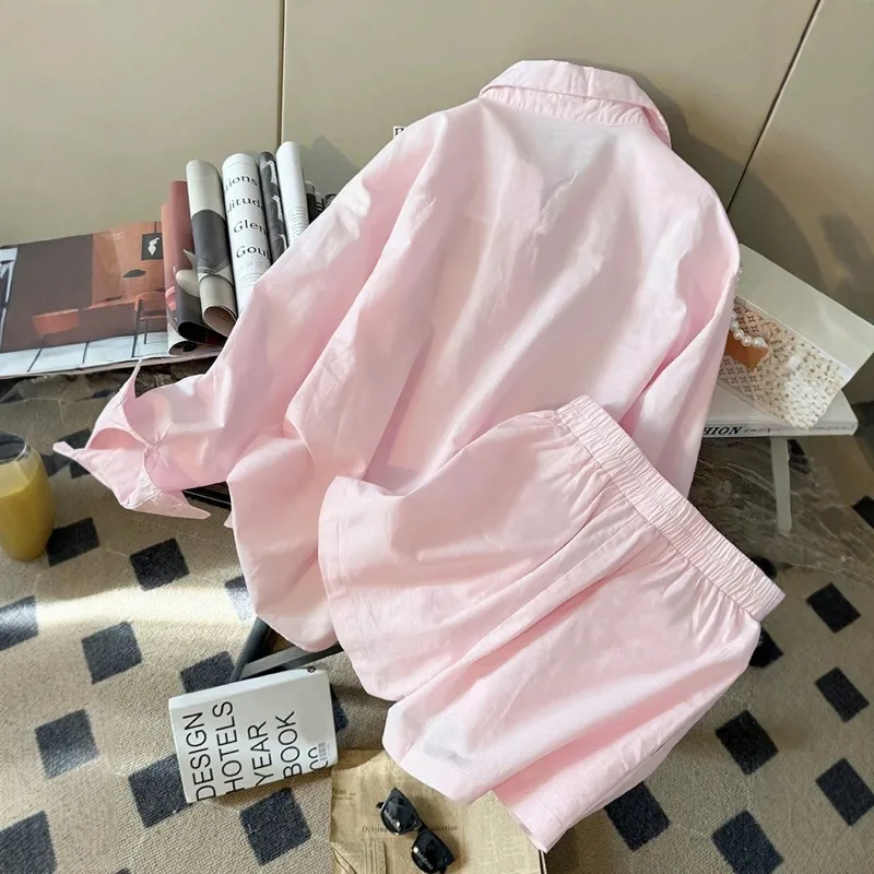 Sweet Shirt and Shorts Set Pink Long-sleeved Shirt Elastic Waist Shorts A Casual Versatile Women's Two Piece Set Summer Suit view 2