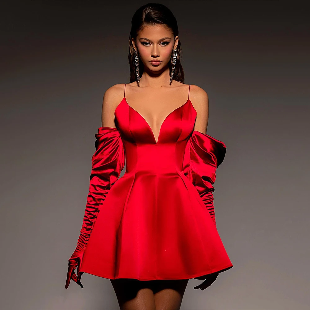 

Mini Cocktail Party Dress Red Satin Spaghetti Straps A Line Sexy Gowns V Neck Long Gloves Short Evening for Women