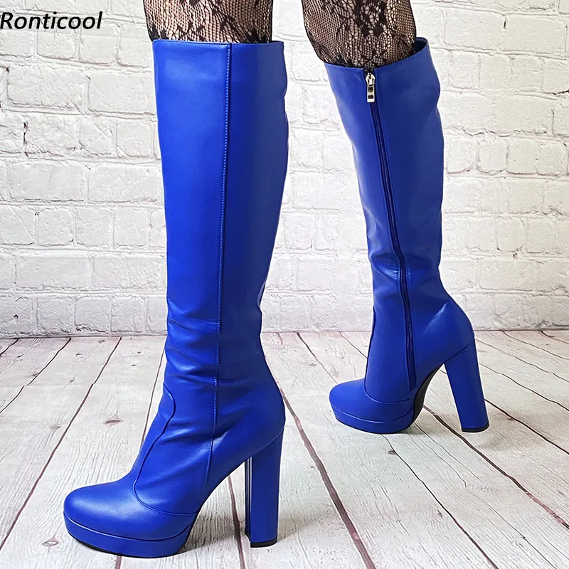 

Rontic Handwork Women Winter Platform Knee Boots Full Side Zipper Chunky Heels Round Toe Beautiful Blue Pink Shoes US Size 5-20