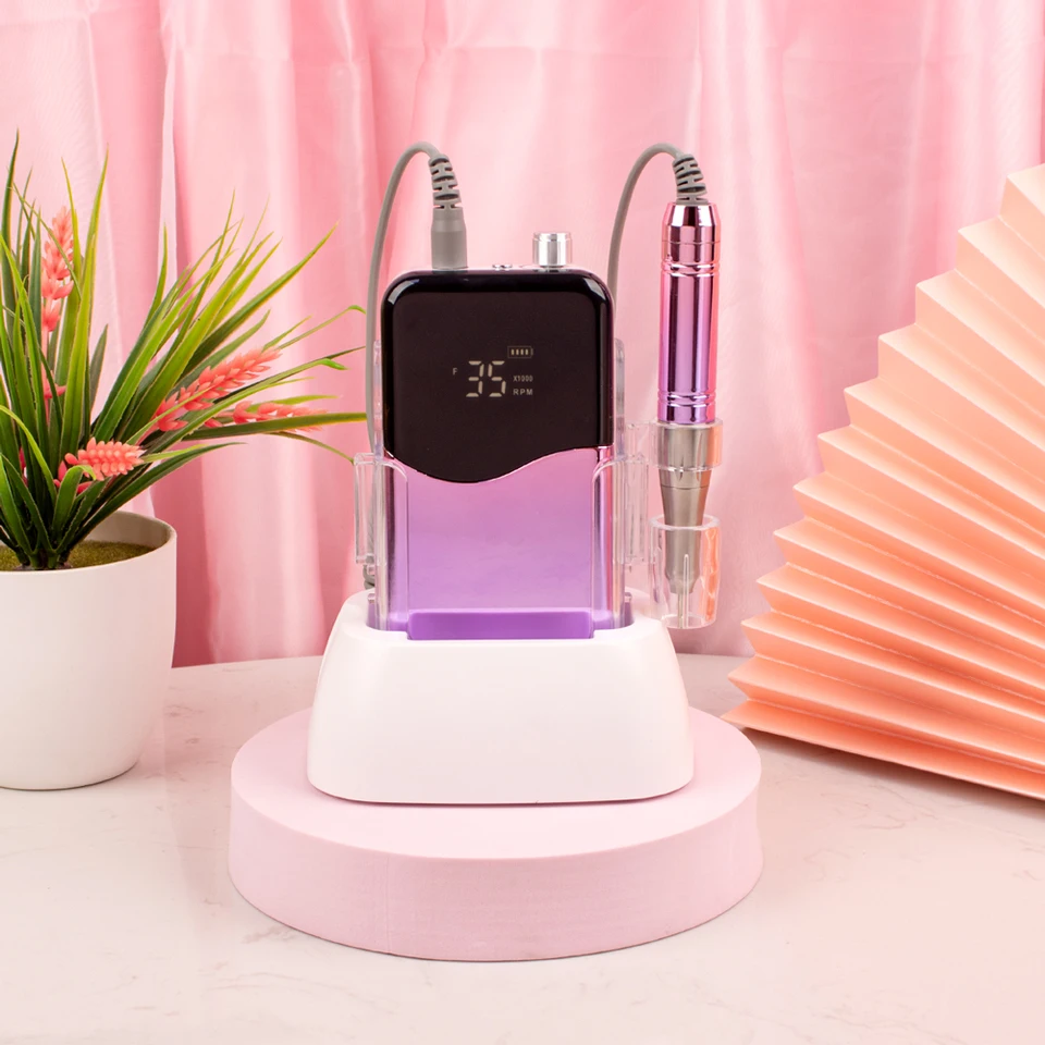 Mango de motor sin núcleo 35000RPM, fresa de uñas profesional portátil con base de escritorio, inalámbrico de 35K, batería recargable, onda potente 4