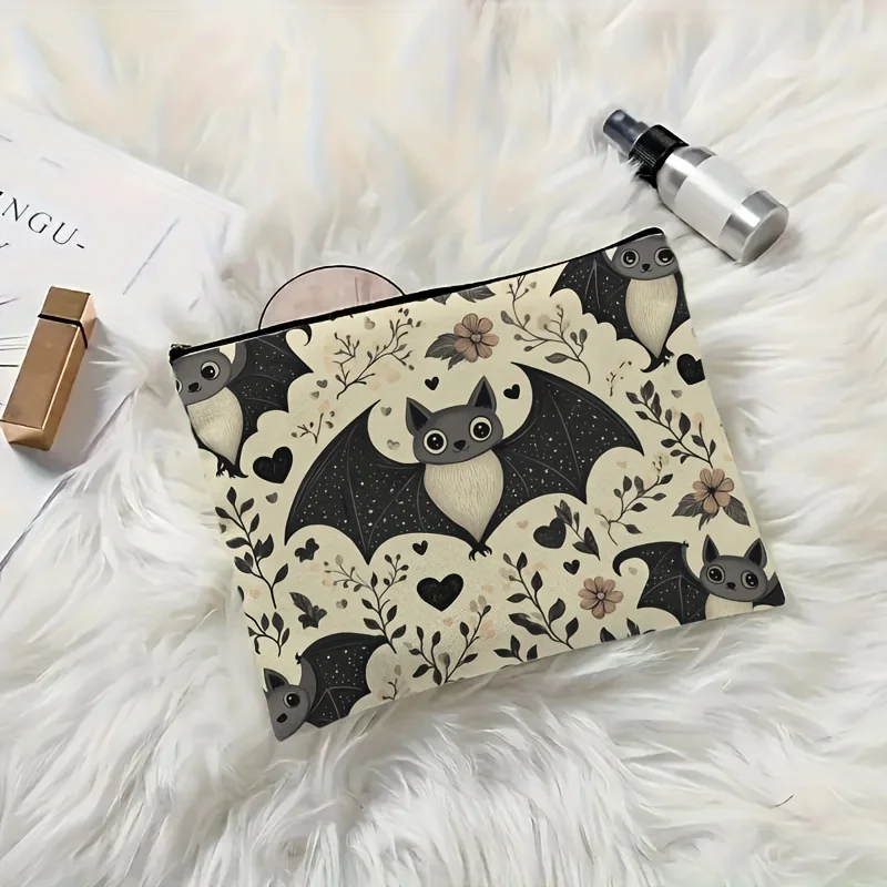 A Bat and floral printed makeup bag-multifunctional zipper pouch, jewelry storage bag, perfect travel zipper small storage pouch