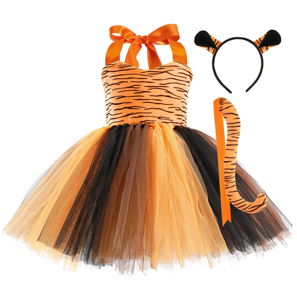 Kids Cartoon TUTU Leopard Dress Halloween Cat Zebra Giraffe Animal Cosplay Costume Birthday Party Christmas Girls Outfit
