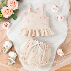 2PCS Summer Baby Girls Casual Soft Comfortable Beautiful Apricot Waffle Print Suspenders + Shorts Cool Suit