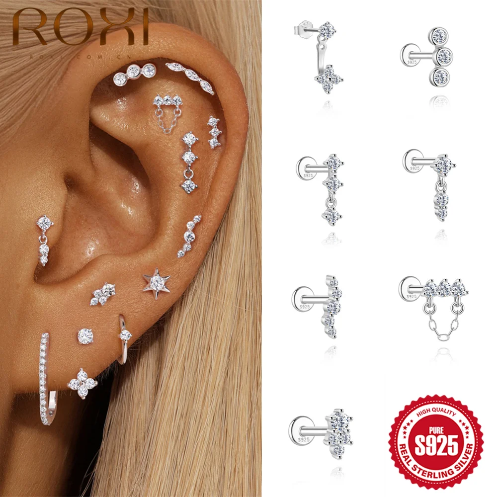 

ROXI Moissanite 925 Sterling Silver Earrings For Women Star Chain Tassel Flat Back Piercing Stud Helix Jewelry Birthday Gift Her