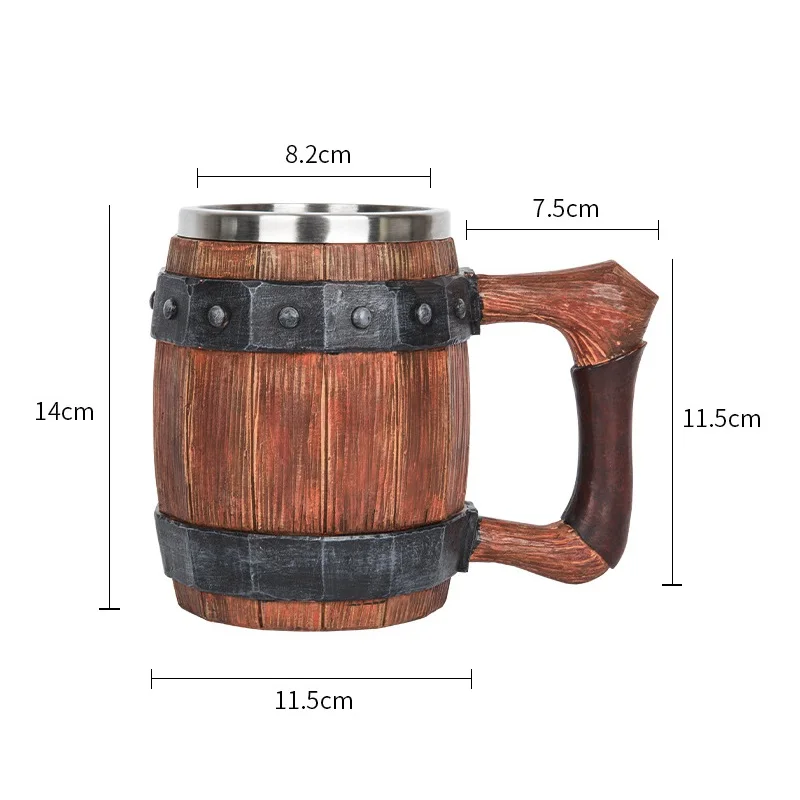Viking Wood Style Beer Mug 3D Resin Stainless Steel Coffee Cup Wine Glass Metal Double Wall Mug Beer Cup Halloween Bar Drinkware