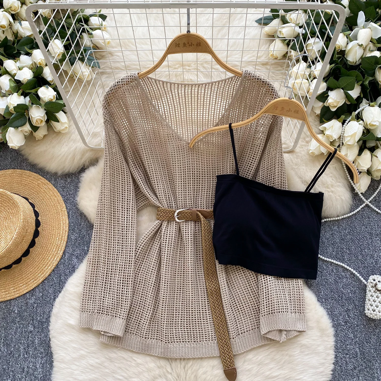 

Female Summer 2pcs Suit Top Shirts Camis Set Waist Belt Pajama Tropical Ethnic Knit Sets Korea Trendy Ins Chic Night Streetwear