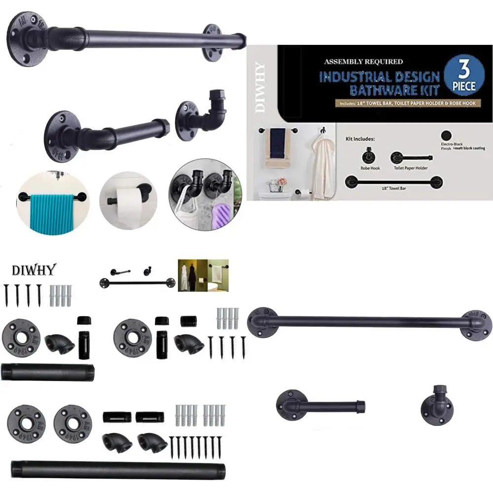 

Industrial Style Bathroom Accessory Set: 3-Piece with Robe Hook, Towel Bar, and Toilet Paper Holder