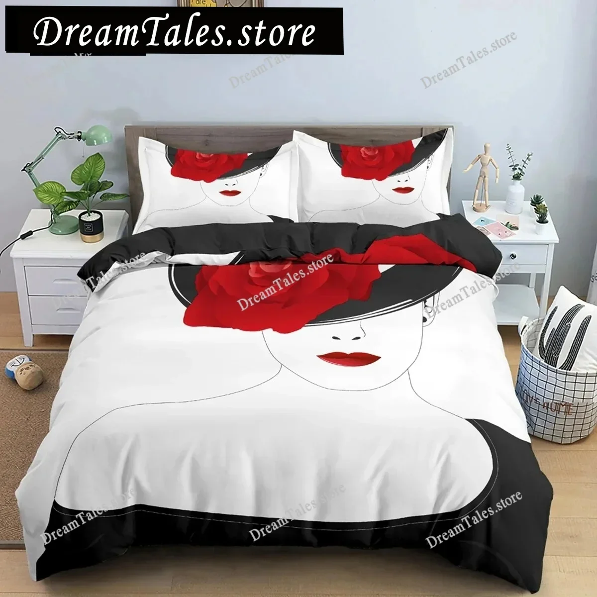 Hand-drawn Woman Portrait Duvet Cover Set Microfiber Black and White Floral Background Bedding Set for Girls Quilt Cover