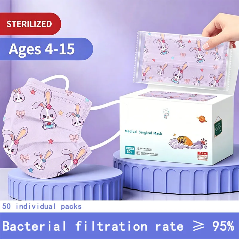 50PcsKids Disposable Face Masks  Cute Cartoon Printed Protective Safety Masks 3-Ply Breathable Comfortable Earloop Design
