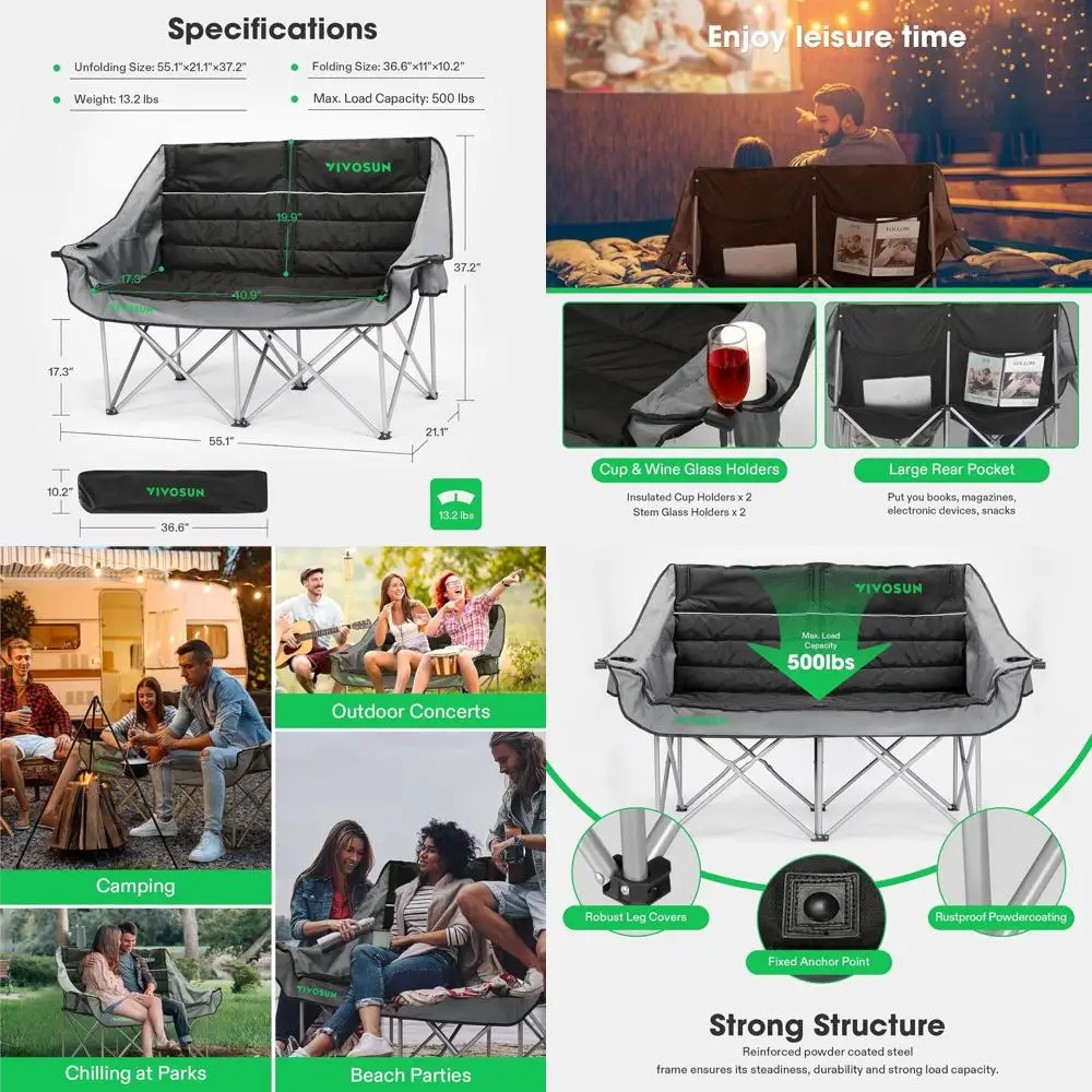 

Double Camping Loveseat with Padded Seats, Cup and Wine Glass Holders, Armrests, and Carry Bag