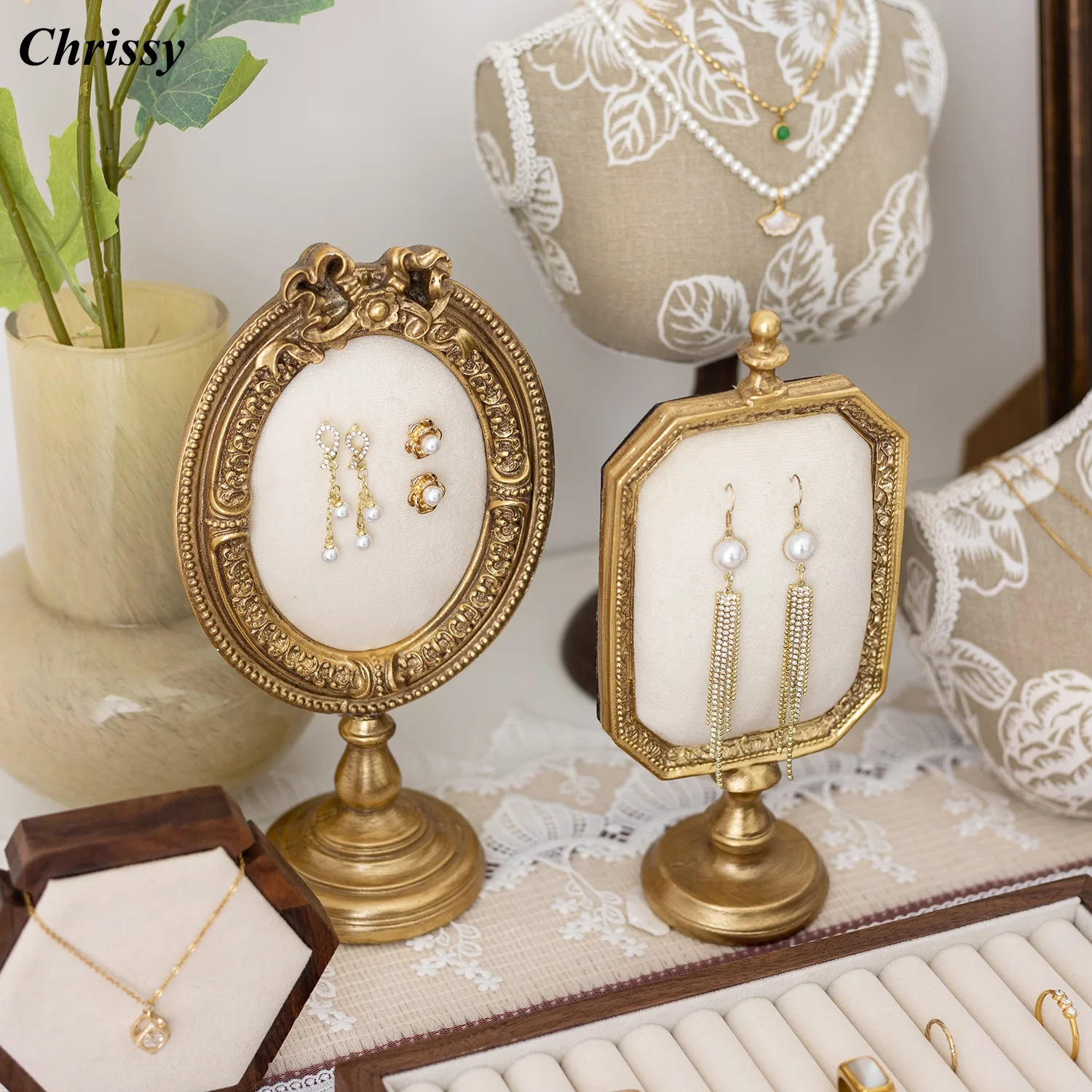 Vintage Embroidered Half-Body Mannequin Jewelry Display Stand - Necklace Rack Earring Holder Ring Tray for Counter Showcase Deco