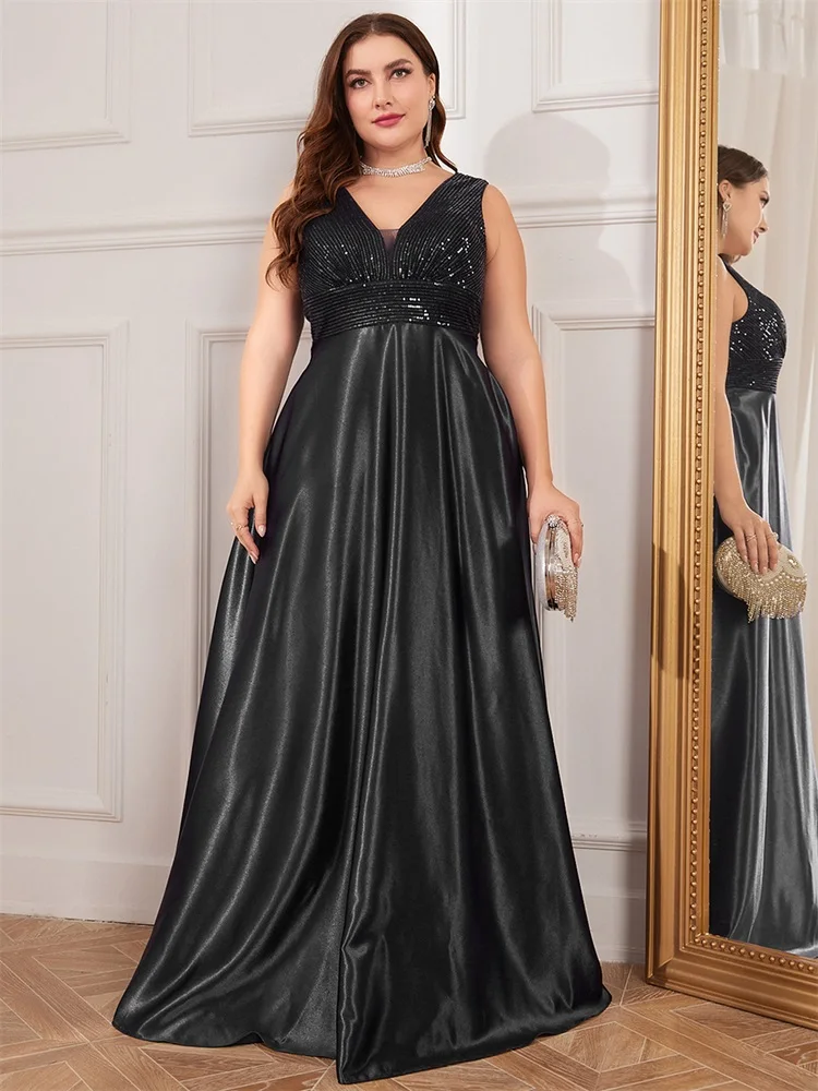 XUIBOL Plus Size Elegant Sequins Evening Dress For Women 2024 Deep V-neck Satin Prom Party Black Dress Floor Length Formal Gowns