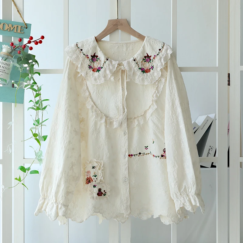 Autumn New Sweet Mori Style Embroidered Shirt Women Long Sleeve Single Breasted Casual Shirt 824-819