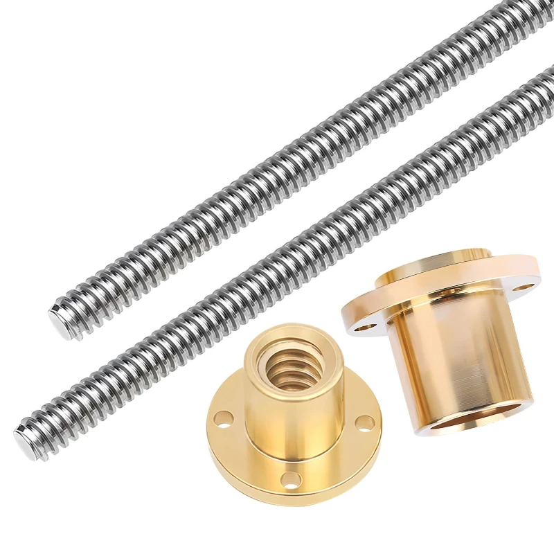T8 Lead Screw 8mm Lead 2mm Pitch Brass Nut, Lengths 100-550mm (100/200/300/400/500/550) for High Precision CNC 3D Printer Parts.