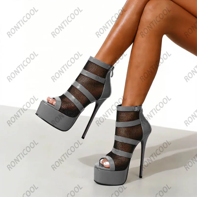 Handmade Women's Black Patent Leather Mesh Platform Sandals-Strappy High Heel Shoes with Fishnet Design Ladies US Plus Size 5-20