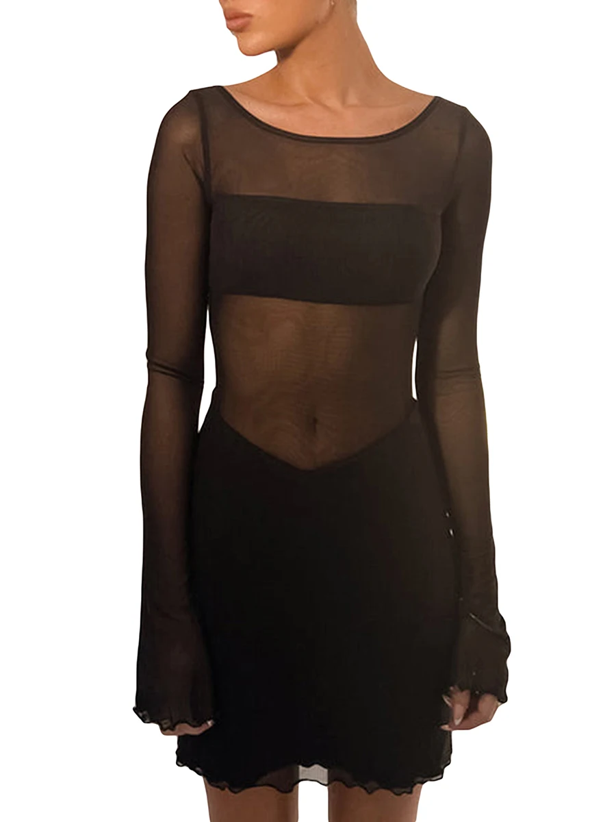 

Women s Sexy Sheer Mesh Dress Long Sleeve Crew Neck Solid Color Bodycon Mini Party Dress Clubwear