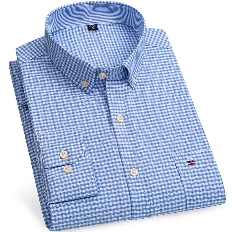

Long Sleeve Oxfrod Dress Shirt Men's Button Down Collar Cotton Plaid Stripe Brand Quality Comfort Casual Social Shirts Plus Size