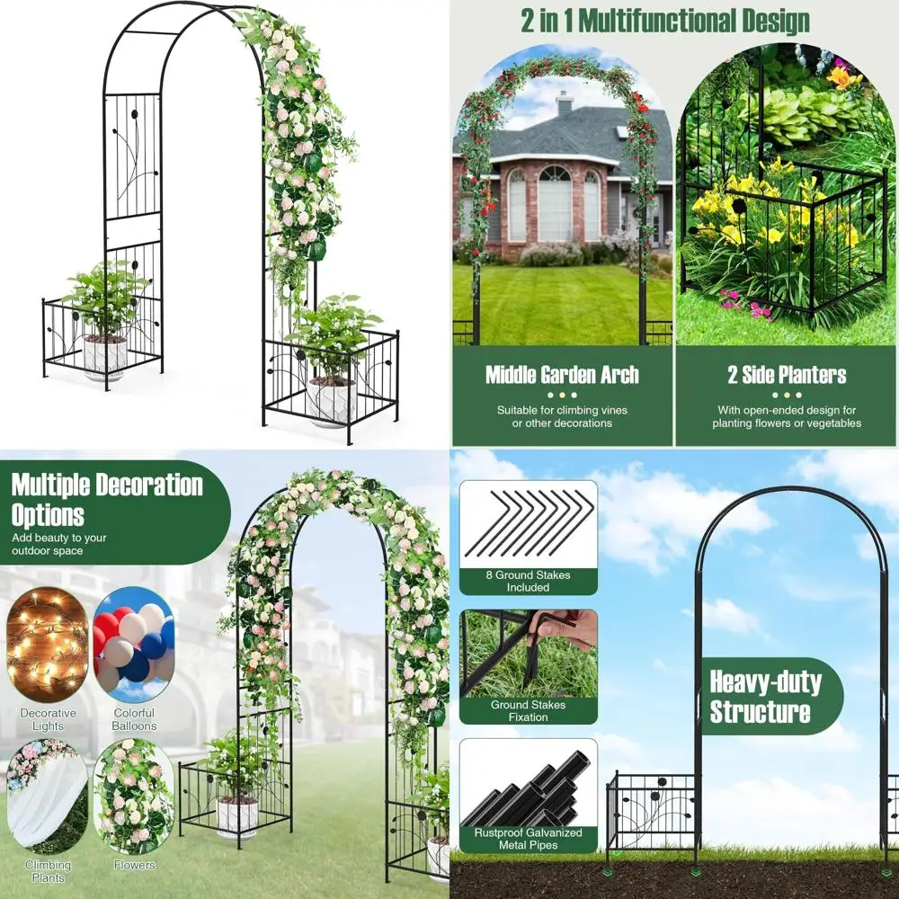 

Sturdy Metal Archway Pergola with 86 Length, 2 Side Planters, and 8 Ground Stakes for Outdoor Garden Trellis