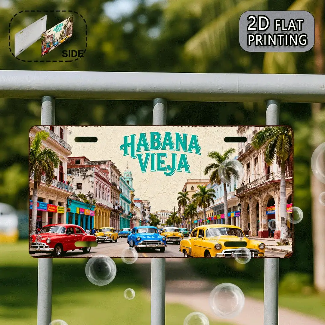 2D Flat - 2D Plan, Flat Printing 2D, Vintage Havana Old Town Aluminum Metal Plate, Decorative Sign (30.48X15.24Cm), for Decor