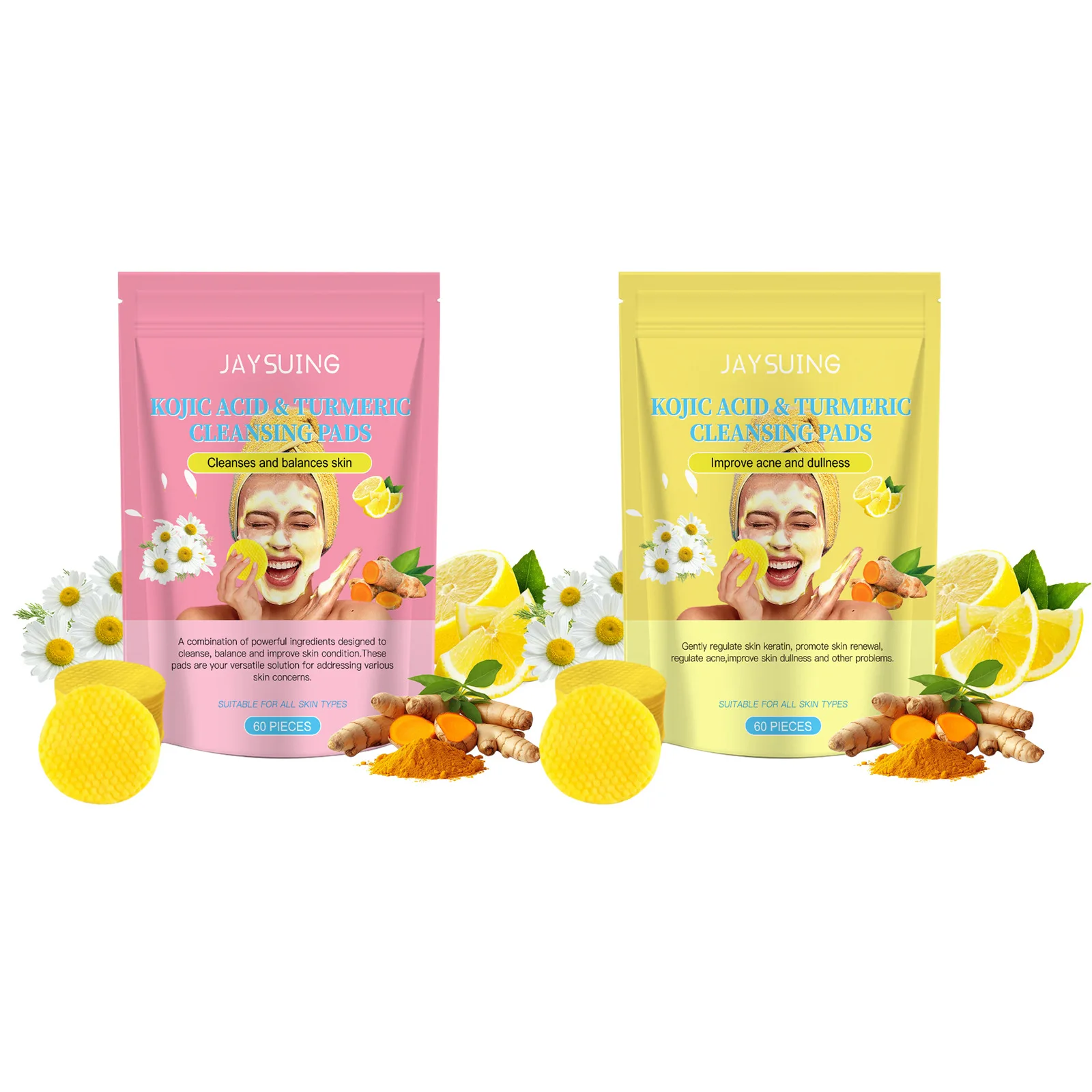 Turmeric Kojic Acid Cleansing Pads Exfoliating Pads Improve Dullness Dead Skin Removal Oil Control Smooth Facial Wash Sponges