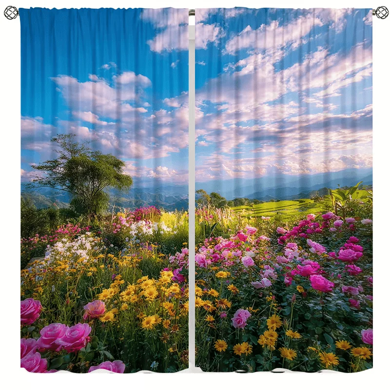 Floral mountain scenery printed curtains installed with pocket rods suitable for bedrooms, living rooms balconies and decoration