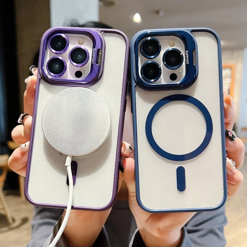 Fashion Ring Stand Magnetic Case For iPhone 16 15 14 Plus 13 12 11 Pro Max Case with Glass Lens Protector Phone Case for Magsafe