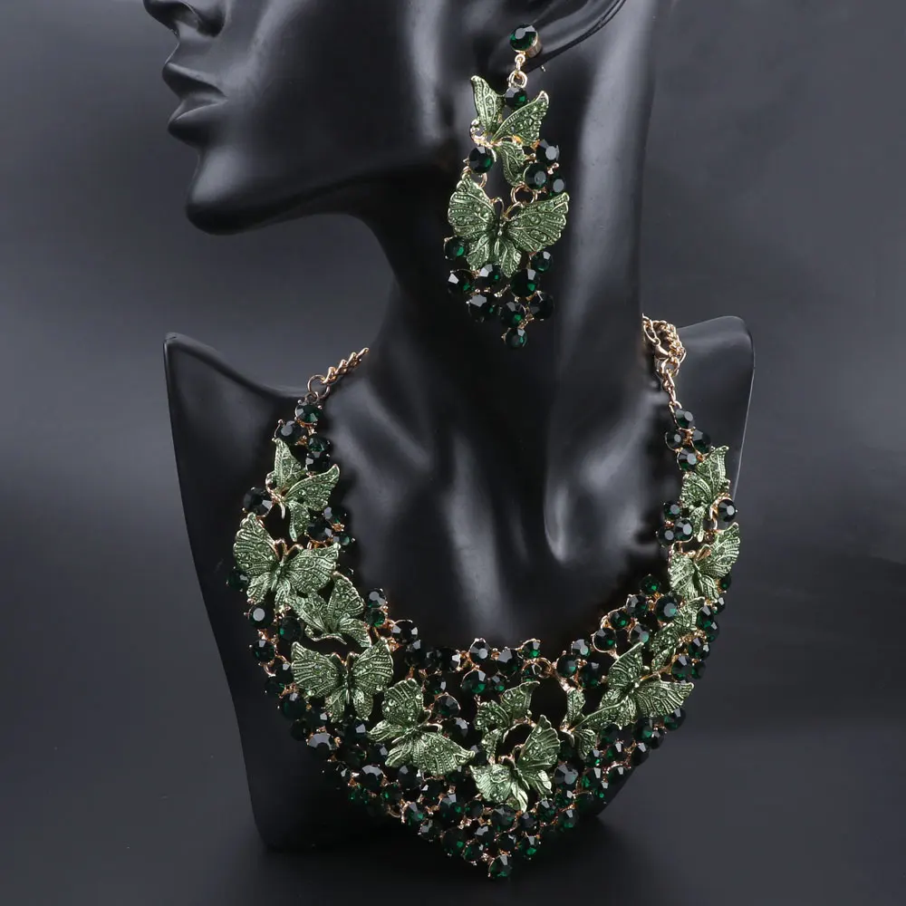 Luxury Green Necklace Earrings Set Butterfly Jewelry Sets for Brides Gift for Women Wedding Party Indian Costume Jewellery