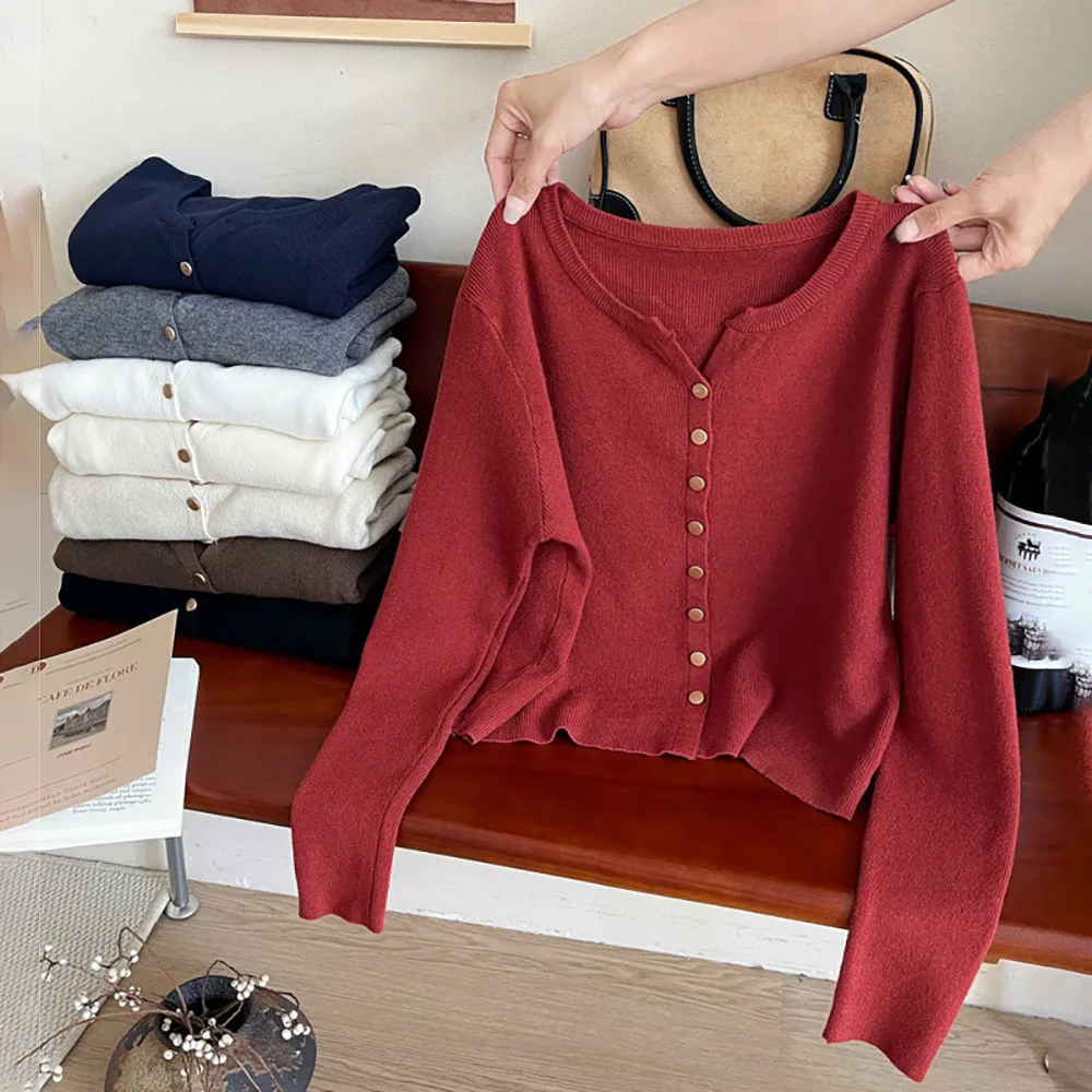 

Retro V-neck Soft Knitted Cardigans for Women Korean Style Slim Long Sleeve Thin Base Sweaters Single Breasted Knit Jackets Tops