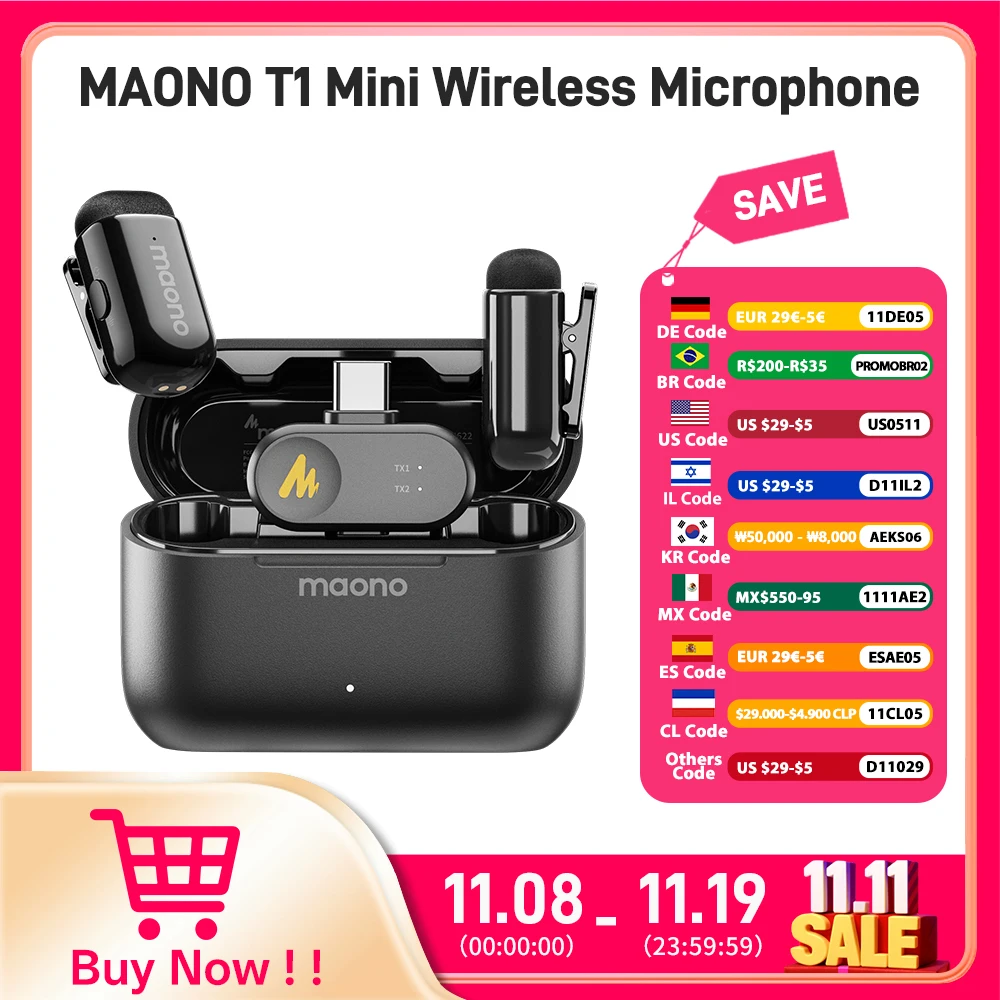 MAONO T1mini 무선 옷깃 마이크, 휴대폰용, 노이즈 캔슬링, 자동 클리핑 기능, 앱 설정, 오디오 비디오 녹음 마이크