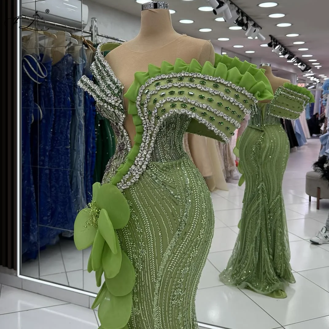 فستان حورية البحر بكتف واحد من حجر الراين مزين باللون الأخضر فستان سهرة للحفلات الراقصة وحفلات الكوكتيل قابل للتخصيص #4