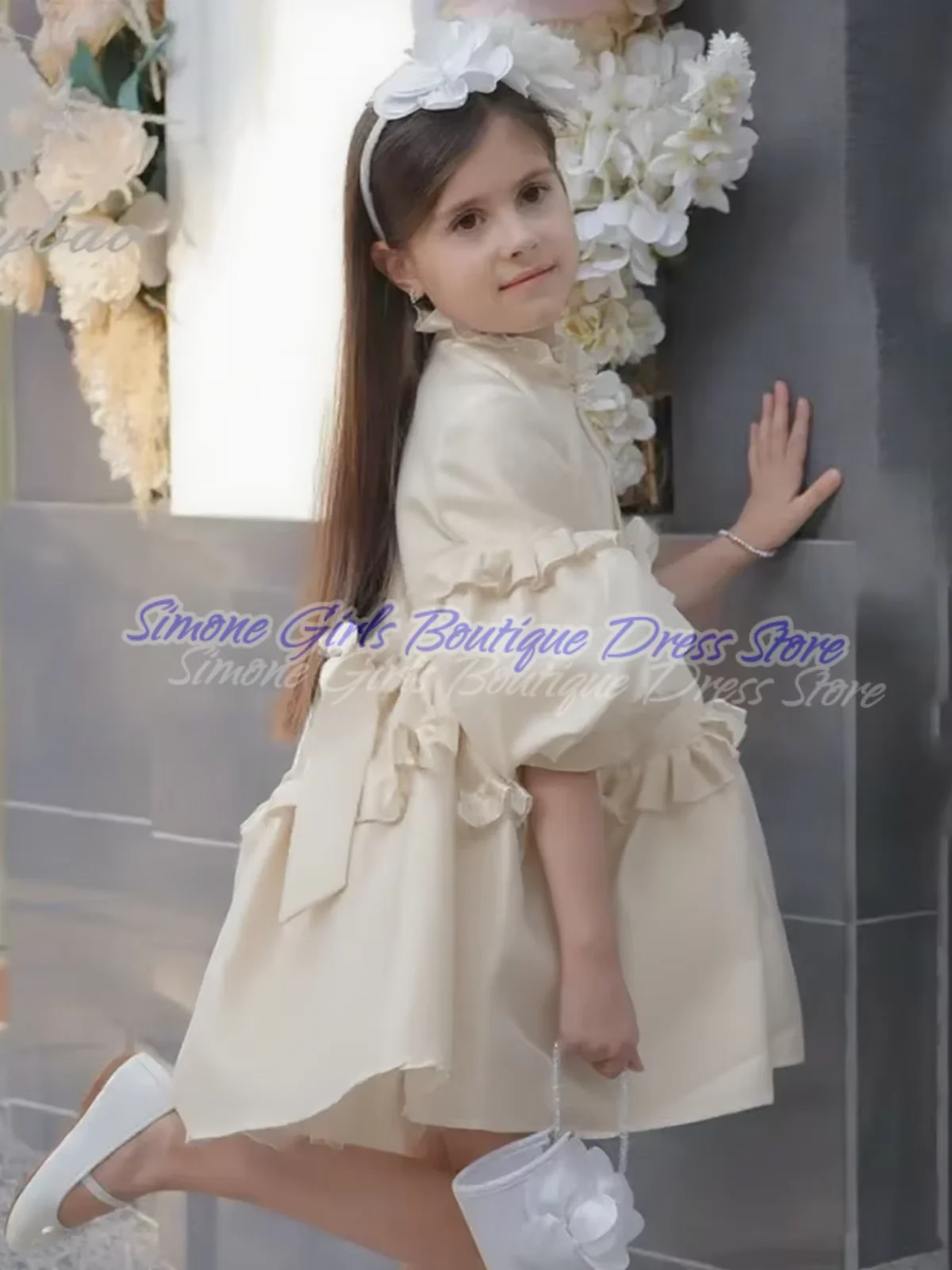 فستان فتاة الزهور برقبة عالية نصف منتفخة لحفلات الزفاف الرسمية للمناولة الأولى بطول الركبة فستان الأميرة الأنيق الجديد