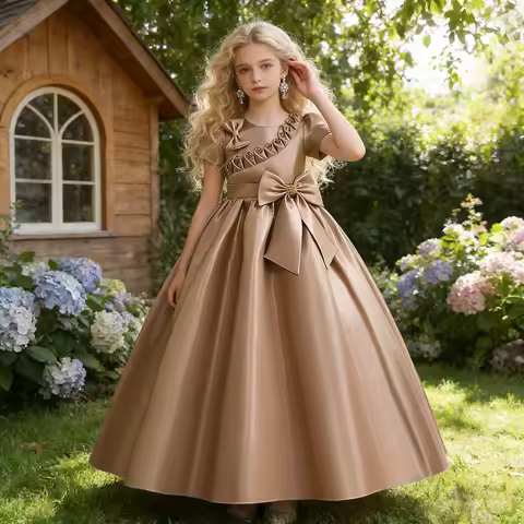 Teens Bridesmaid Bow Party Girls Dress Elegant Christmas Gown Short Sleeve Princess Kids Dress for Girl Evening Birthday Vestido
