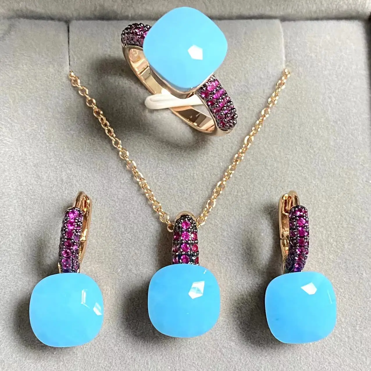 

3Pcs/Set Women Ring Earrings Necklace Jewelry Set Inlay Purple Zircon Gun Black Plated Crystal Jewelry Set Turquoise Jewelry