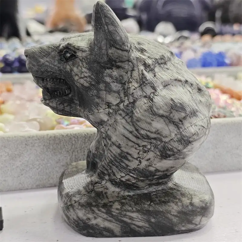 Natural Black Network Stone Wolf Head Carving Animal Healing Reiki Stones Gems For Home Decorations Gift 1PCS