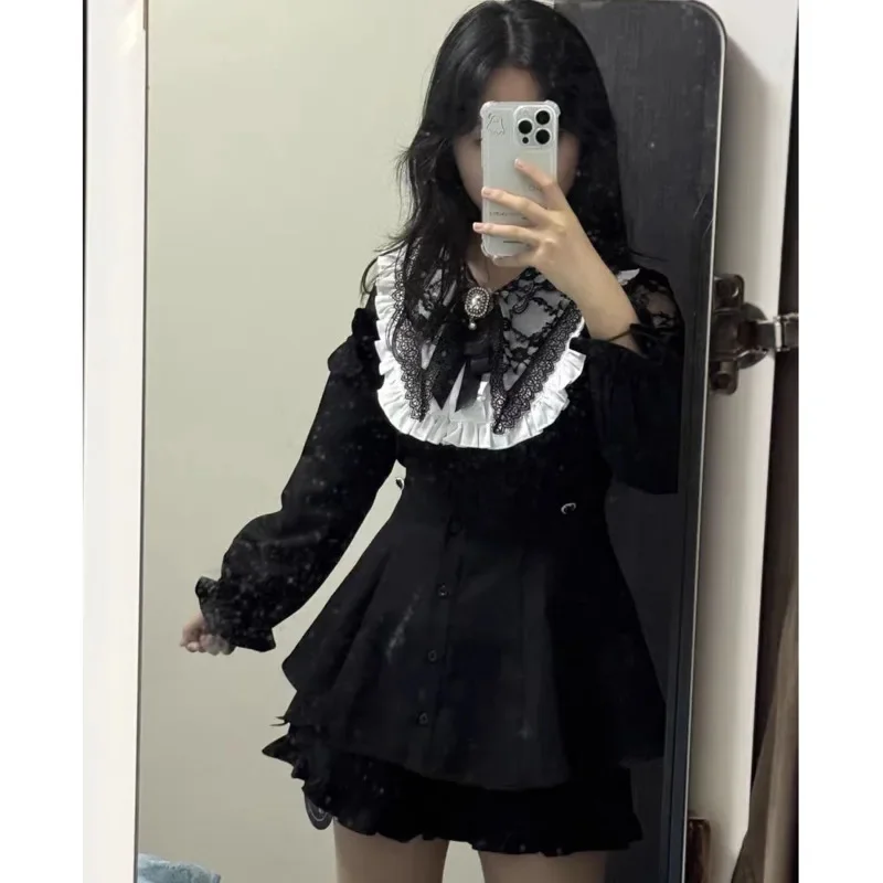 Y2K Bow Ruffled Lace Dresses Japane Harajuku Sweet Improvement College Patchwork Receiving Waist Slim Pleated A-line Dresses New