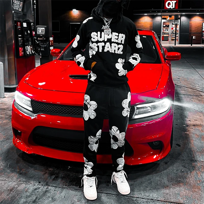 Autumn And Winter Trendy Set Superstar Printed Hoodie Sweatpants Hip Hop Flower Pattern Dressing
