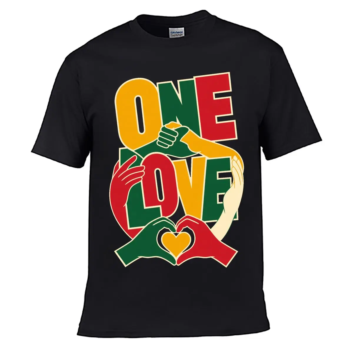 T-shirt simple et ample délavé style streetwear avec motif textuel coloré Reggae Unity Hands