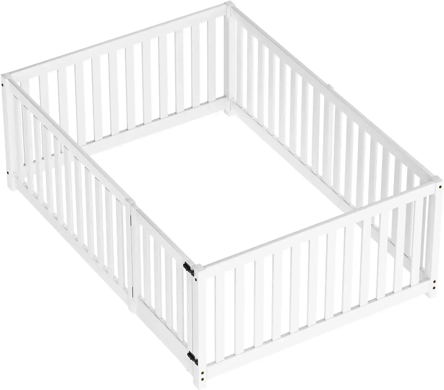 Full Floor Bed Frame for Kids Toddlers, Wood Montessori Low Floor Full Size Bed Frame with Fence Guardrail and Door