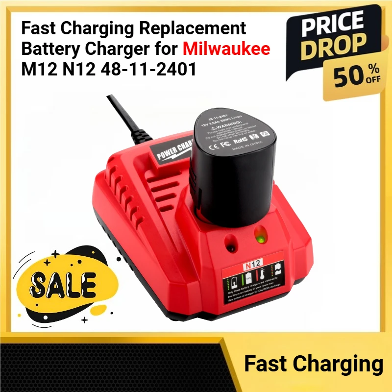 

Fast Charging Replacement Battery Charger for Milwaukee M12 N12 48-11-2401 48-11-2402 C12B C12BX Lithium-Ion Battery 3A