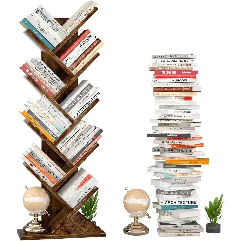 Tree Bookshelf, 9-Tier Shelf Bookcase, Retro Wood Storage Rack, Living Room Furniture, Rustic Brown Book Shelf