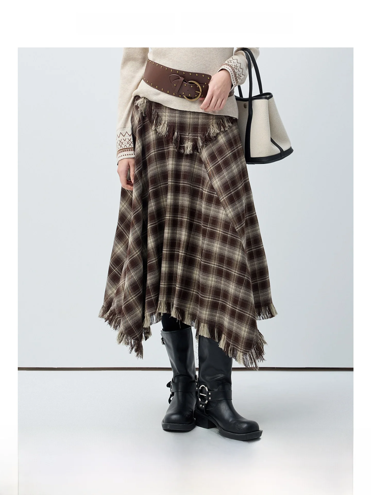 

High Waist A-Line Midi Skirt for plus Size Women Summer New Plaid Asymmetrical Skirts Korean Style Commute Polyester Blend