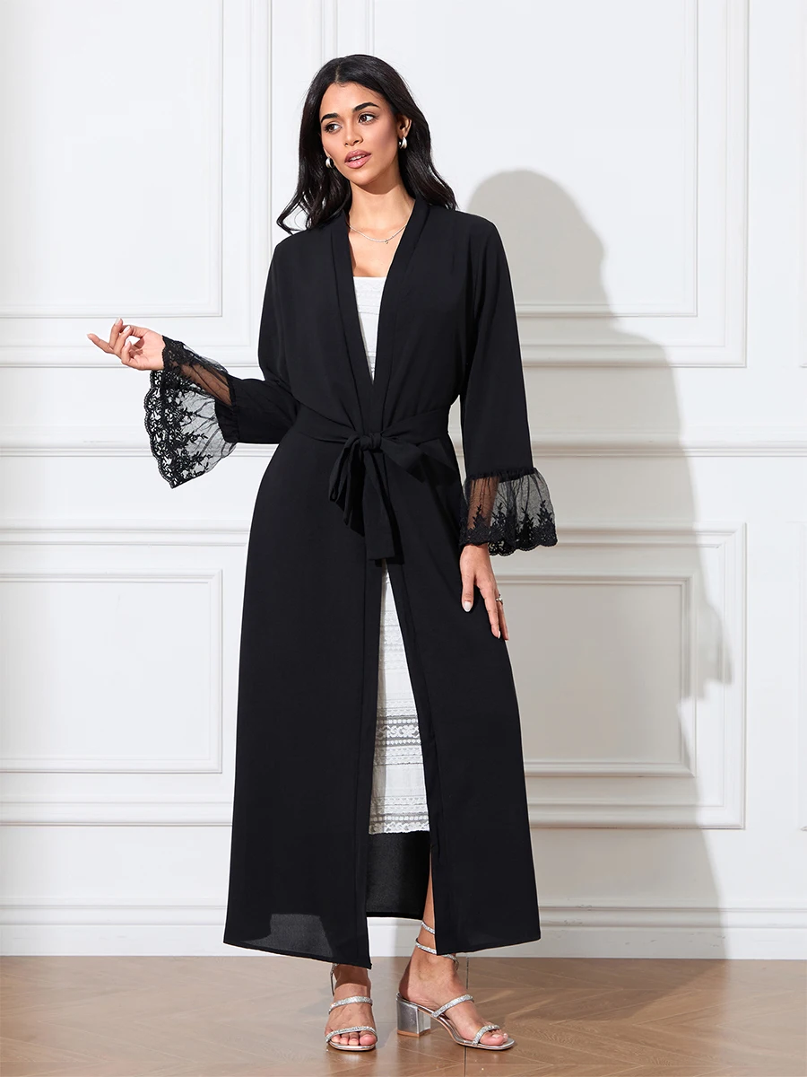 Women Caftan Gowns Mesh Long Flare Sleeve Tie Front Cardigan Loose Long Dress for All Seasons