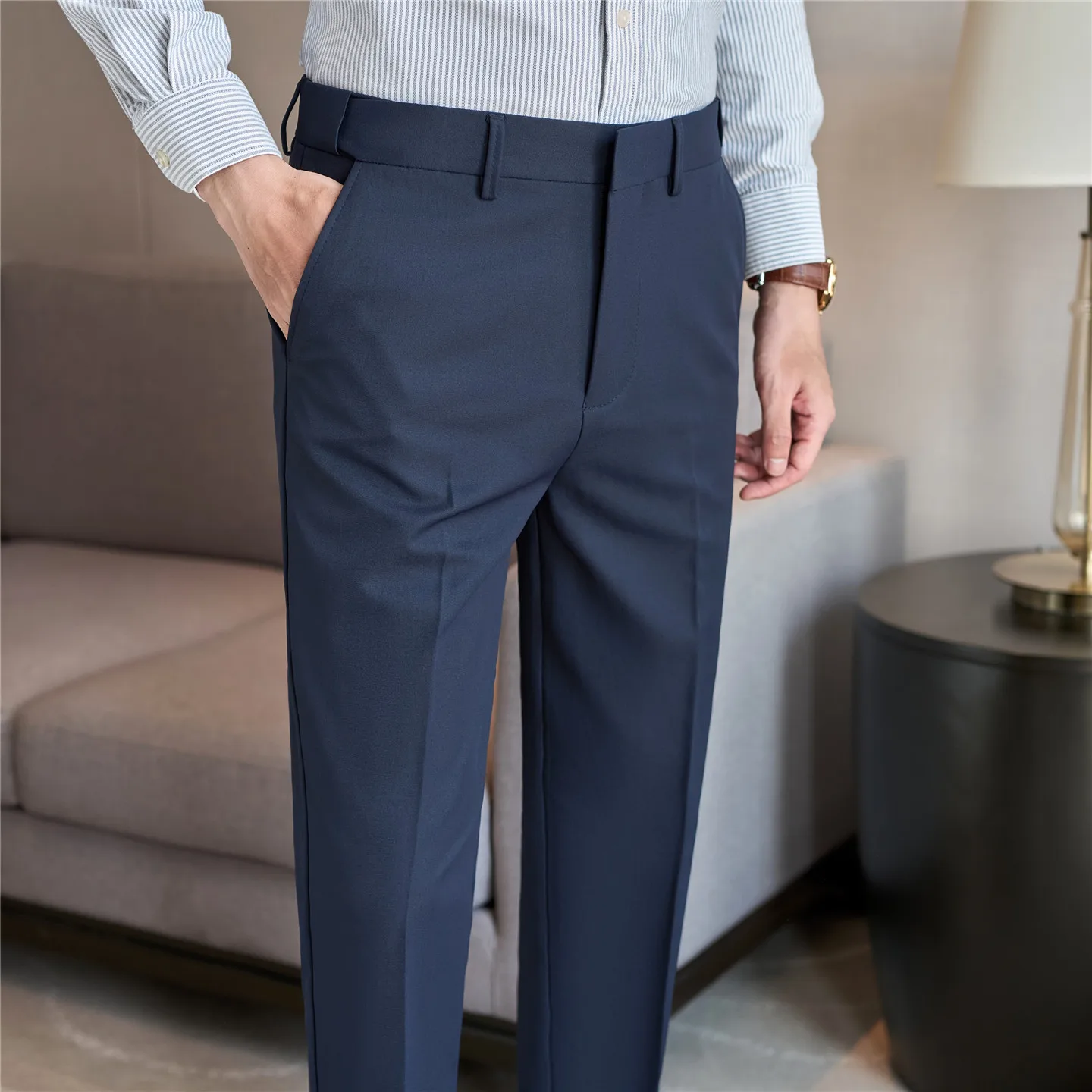 Celana Setelan Musim Semi Musim Gugur Celana Setelan Kasual Pintar Slim Fit Fashion Warna Solid Pria Celana Panjang Korea Pinggang Elastis Pria